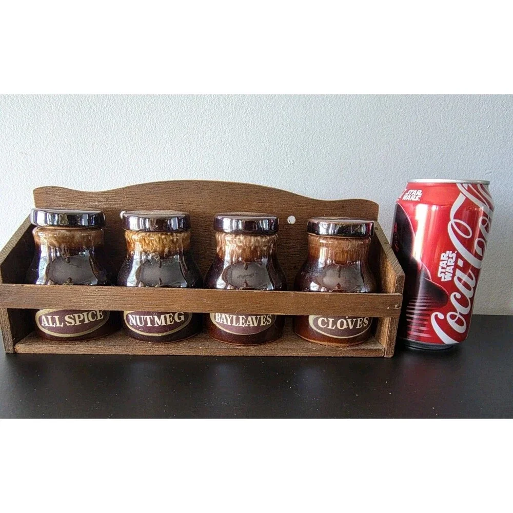 Stoneware Spice Jars Set of 4 with Rack Vintage Japan Brown Glaze